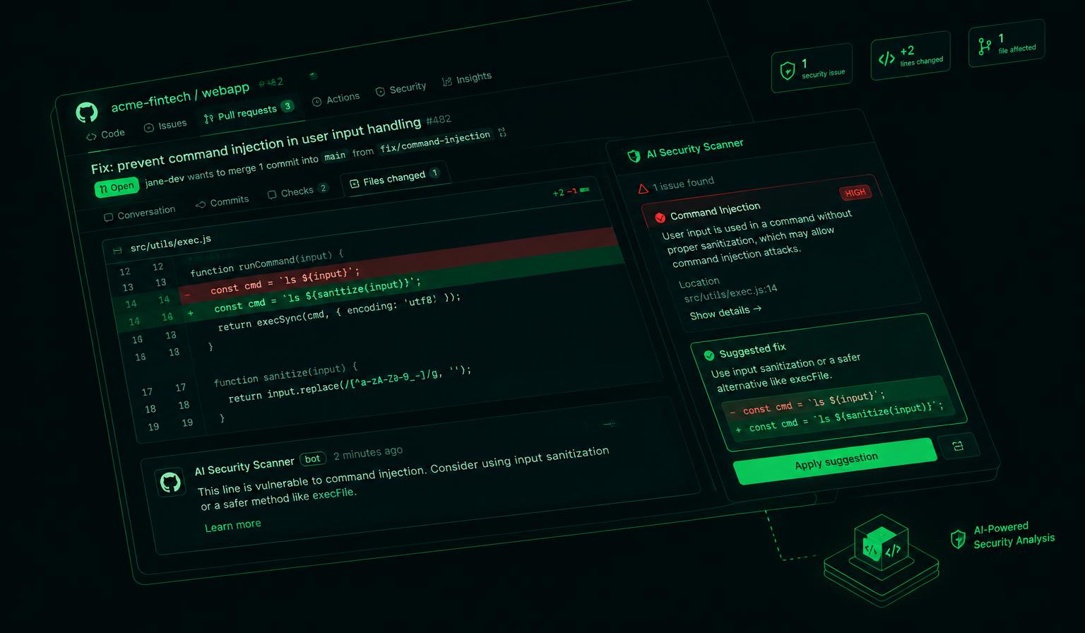 SecureCode scanning a Pull Request on GitHub